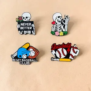 1 pc Cartoon Skull Pin Badge, Unique Baseball Sports Metal Emblem, Creative Clothing Bag Medal Brooch Accessory Gift, Fashionable Jewelry