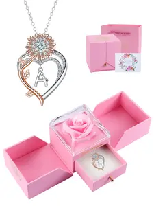 Sunflower Initial Heart Necklace with Rose Jewelry Box, Letter Pendant for Women, Mother's Day Birthday Christmas Gift, Exquisite Jewelry Gift