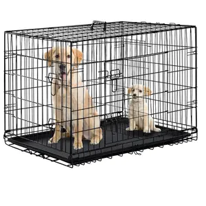 Black 48" 2 Door Pet Cage Folding Dog w/Divider Cat Crate Cage Kennel with Tray