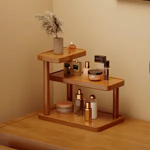 1 Pcs Wood Multi-Layer Desktop Organizer With Cup Holder Modern Light Brown Freestanding Countertop Shelf No Assembly Required Space Saving Bathroom Kitchen Vanity Cosmetics Storage Rack Desk Accessory