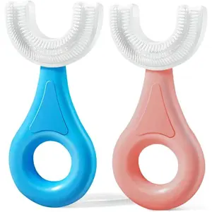 U-Shaped Toothbrush Kids 2 PCS - Toddler Toothbrush with Food Grade Soft Silicone Brush Head, Manual Whole Mouth Tooth Brush for Kids Age 2-6(Blue+Pink)