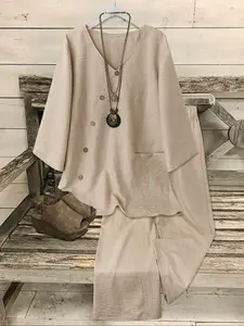 Women's Casual Everyday Loose Fit Two-Piece Set, Button-Down V Neck Blouse & Wide Leg Pants, Long Sleeve Plain Top and Bottoms, Womenswear