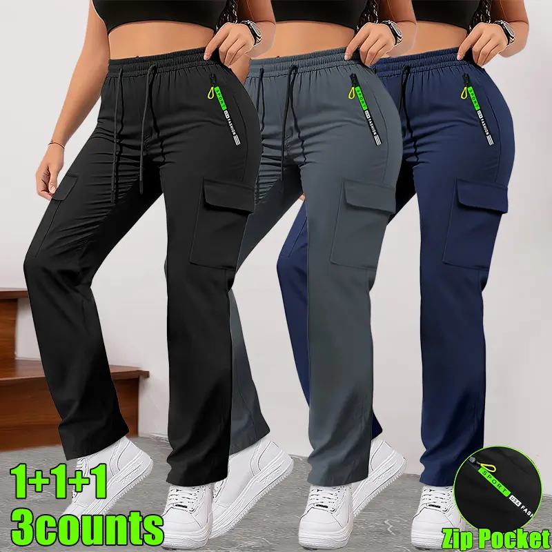 Women’s 3-Counts Cargo Trousers - All Seasons Activewear Jog-Ready Pants with Green Colorway, Zippered/Large Patch-Pocket Hold, Drawstring Elastic Waistband for Casual Outdoor, Jogging Use