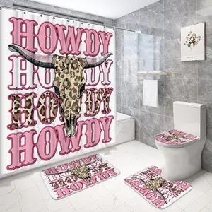 Western Vintage Howdy Leopard Print Bull Head Shower Bath Curtain Set, Home Gift, Family Bathroom, with Hooks, Non-Slip Mat, U-Shaped Pad, Toilet Seat Cover