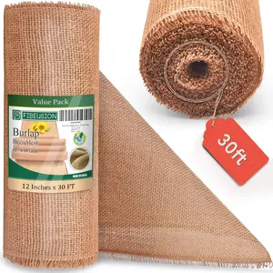 Stiffen Burlap Roll 12" x 30 FT - No-Fray Finished Edge Natural Burlap Fabric – No Odor, Eco-Friendly Roll for Gardening, Rustic Table Decor and Other DIY Crafts