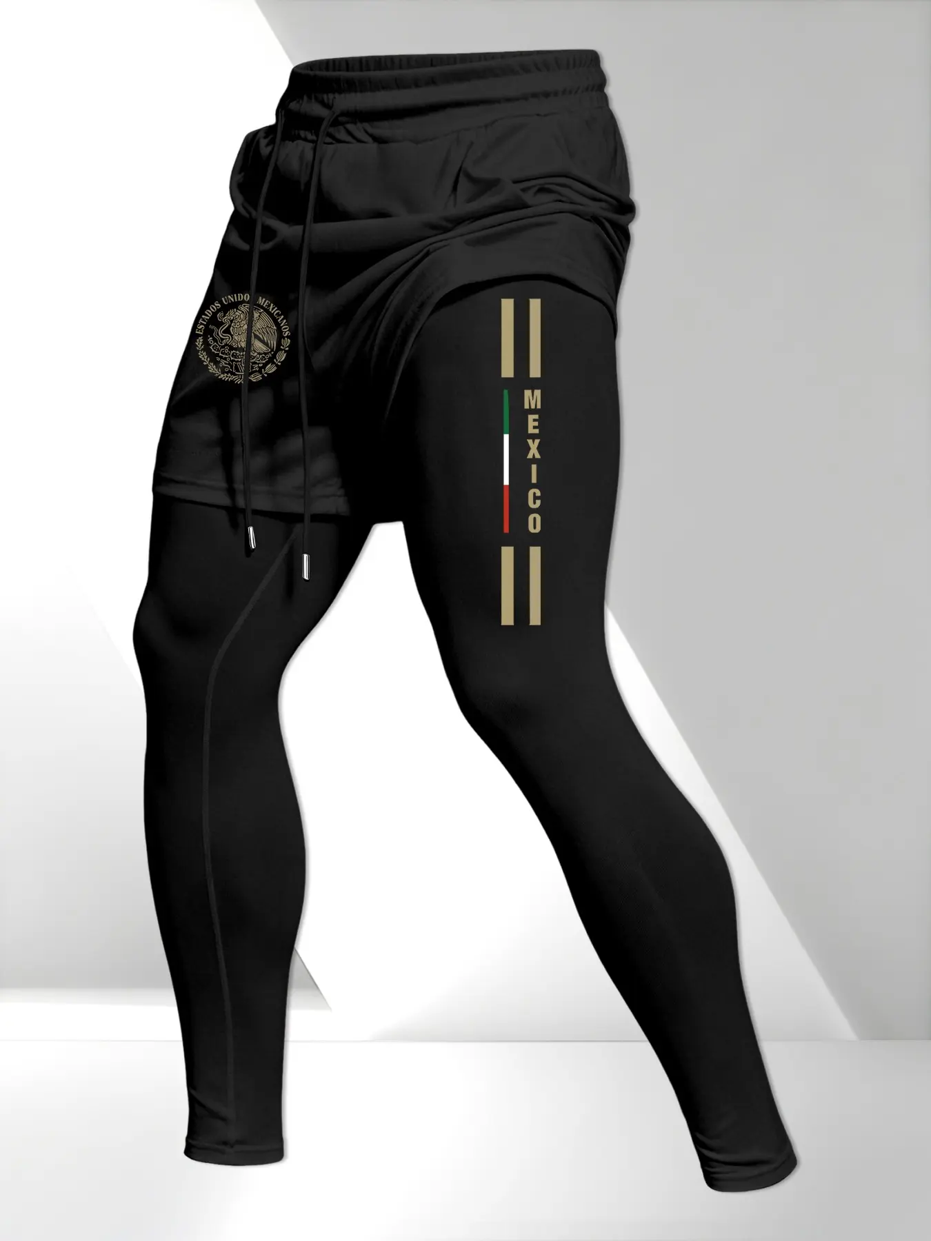Men's Mexican Theme Dual-Layer Sport Pants, Fitness Pants, Fake Two-Piece Design, Ideal for Weightlifting, Running, Streetwear, Multi-Scene Adaptability, Knitted Sports Pants
