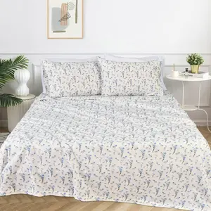 Orbby T-144 Blue Floral Cotton Percale Sheet Set – Ultra Soft Cooling Breathable Bed Sheets, Deep Pocket Fitted Bedding Set, Luxury 4 Piece Floral Sheets for Double King Super King Beds