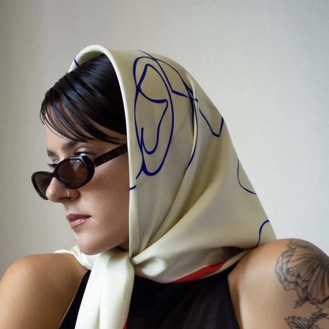 Aida Modern Silk Twill Scarf - Italian Crafted Soft Yellow Red & Cobalt Blue Graphic Artwork Minimal Sensible Design