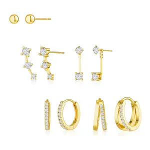 TEWIKY 14K Gold-Plated Earrings Collection - Five Pairs of Cubic Zirconia Hoops Drop Studs Three Studs Ear Cuffs Ball Studs Elegant Design Valentine's Day Gift
