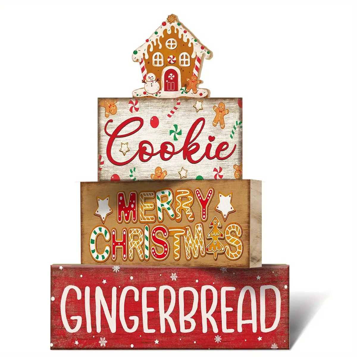 4 pcs Christmas Table Centerpiece Rustic Decorative, Tiered Tray Decor, Nativity Scene Wooden Decoration, Funny Gingerbread Christmas Sign, Block Signs Gift Farmhouse Winter Table Decoration for Home Kitchen, Christmas Table Decorations