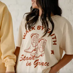 Steadfast and Sustained Women's Modest Oversized Shortsleeve Printed Round Neck T-Shirt - Casual, Comfortable, Cute Lady Cowboy/Cowgirl "Walk by Faith, Stand in Grace" Top