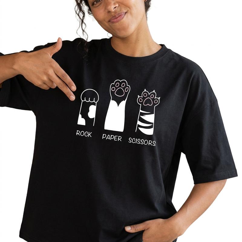 Funny Cat Paw Rock Paper Scissors Women's 100% Cotton Graphic Tee Cute Pet Lover Casual Top