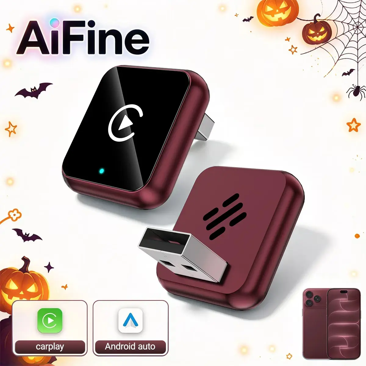 AiFine 2027 Upgraded Wireless CarPlay Adapter - Plastic Body Car Accessory, Auto Accessories Interior, Audio & Video Wireless Car Adapter, Converts Factory Wired CarPlay/Android Auto to Cordless, Plug & Play USB Dongle for Built-In Wired Capable Vehicles