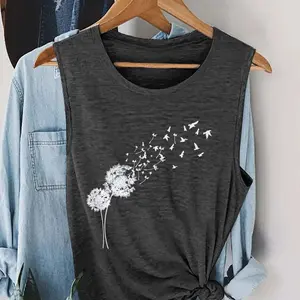Women's Dandelion Print Round Neck Tank Top, Vest Top, Casual Breathable Sleeveless Top for Daily Wear, Ladies Clothes for All Seasons - TrendWear USA