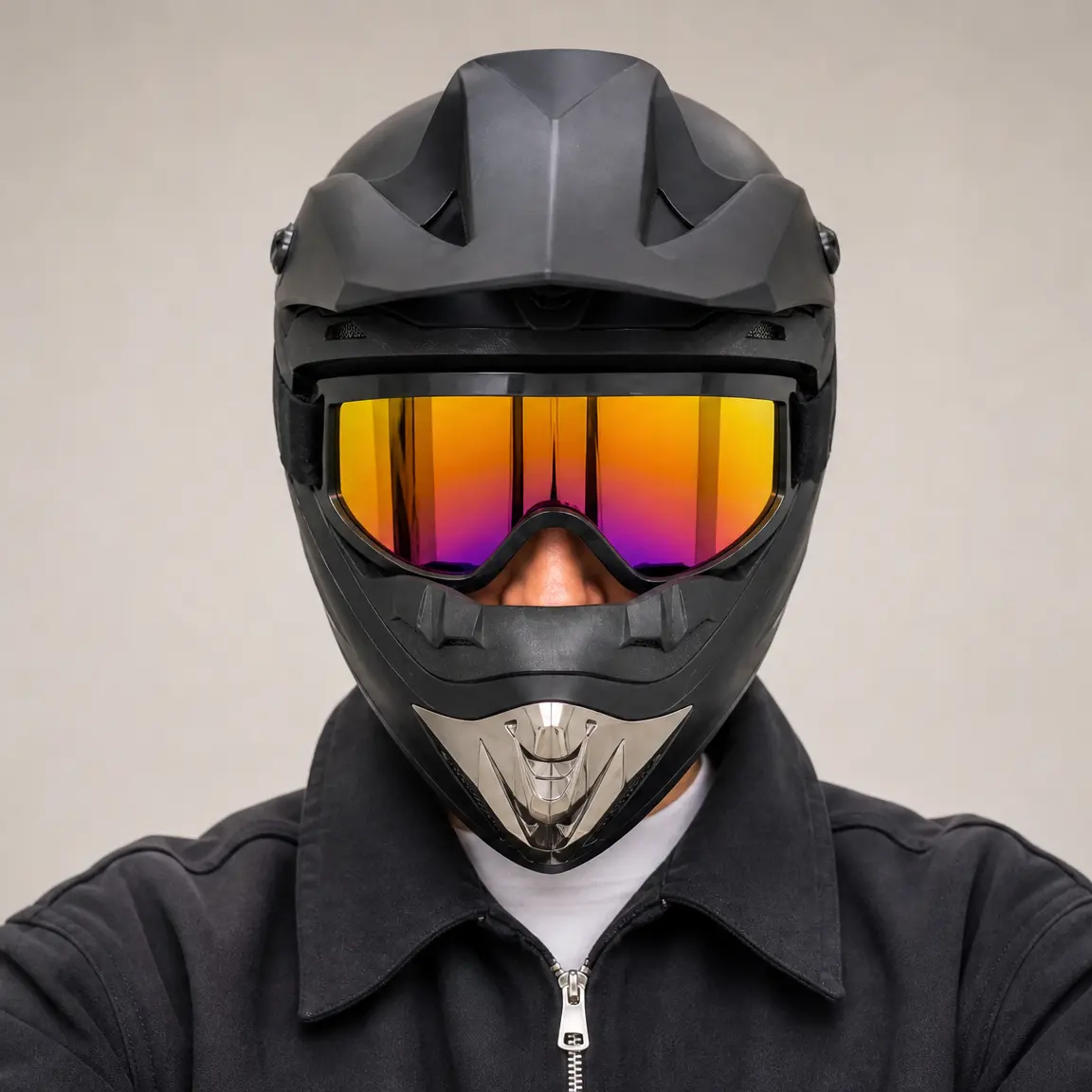 Stylish Matte Black Full Face Motocross Helmet, Off-Road Dirt Bike Helmet with Colorful Gradient Mirror Goggles, DOT Certified Lightweight Helmet for Adult Riders, Ideal for ATV, MTB and Racing Equipped With Visor