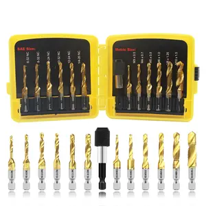 HSS Drill Tap Bit Set 13 count, SAE/Metric Combination Drill Tap Kit,Titanium Coated Drill Bits with Quick Change Adapter for Drilling, Tapping, Deburring,Countersinking