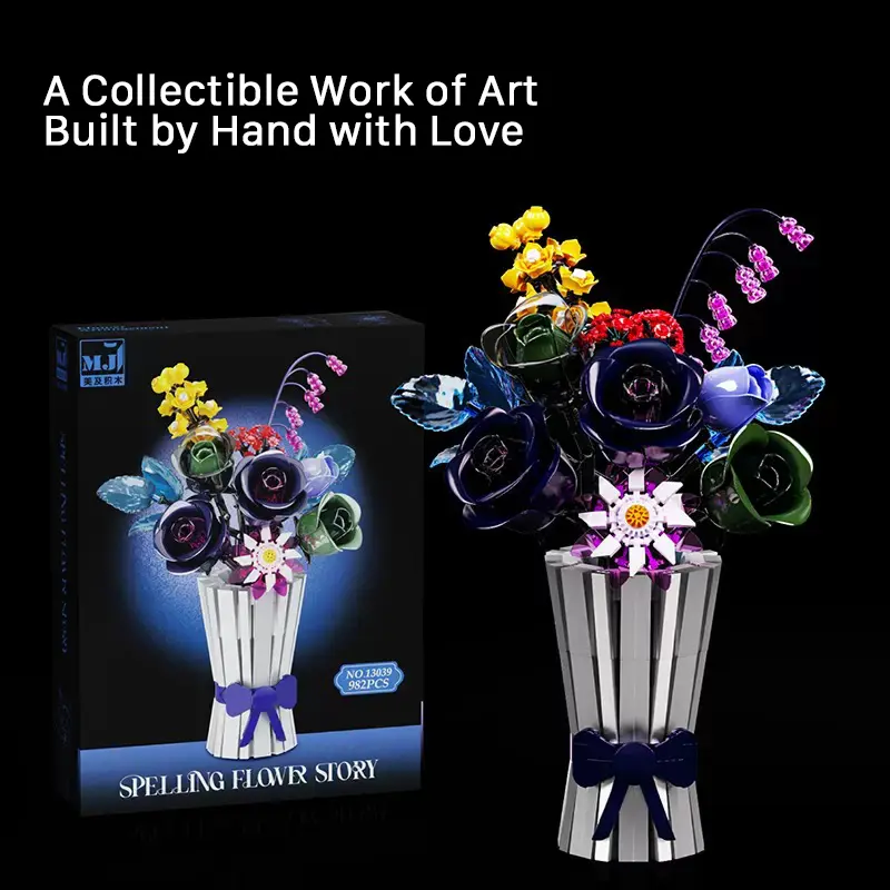 Decorative DIY Flower Building Craft Kit with Vase, Heart-Shaped Rose Arrangement Blocks, Boxed Desk Decor & Relaxing Gift for Her