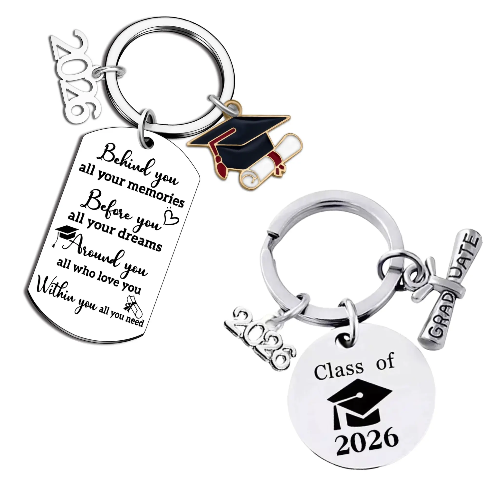 Class of 2026 Graduation Keychain Set of 2 – Stainless Steel Inspirational Quote Gift for Her Him, College High School Senior Masters Student