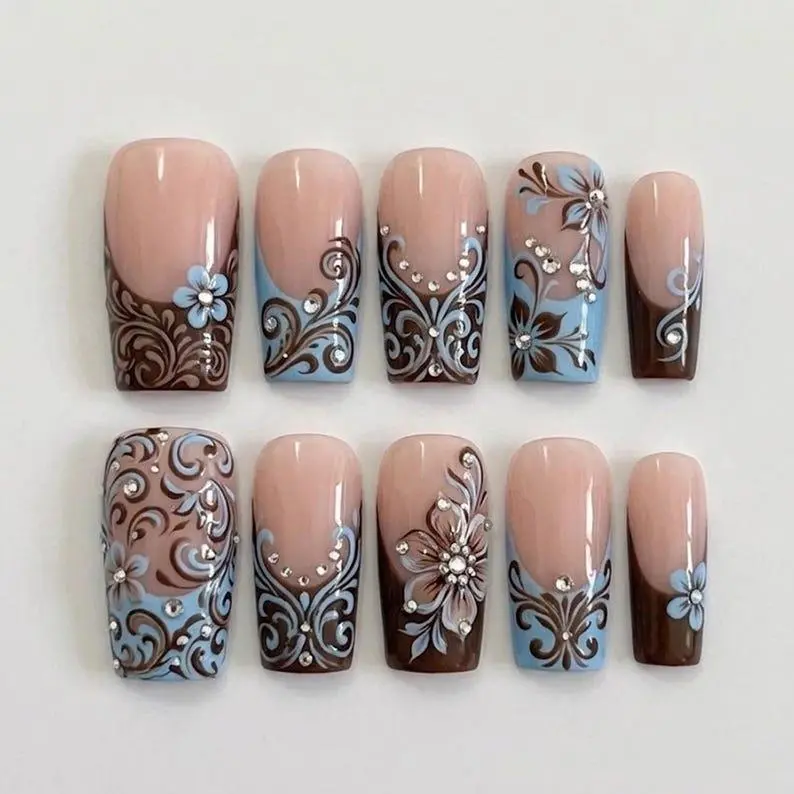 Happy Nails - Elegant Floral Press On Nails Nude Blue Brown French Tip 3D Flower Butterfly Rhinestone Handmade Long Square Reusable Acrylic Fake Nail Set for Women