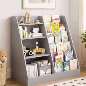 ARCH Kids Bookshelf and Toy Storage Organizer, 4 Tier Wooden Book Shelf with Display Stand and Storage Bins, MDF Children's Bookcase for Playroom Nursery Bedroom, Gray, 15.75 W x 34.65 D x 33.47 H Inches, Gray Color Options, MDF Material