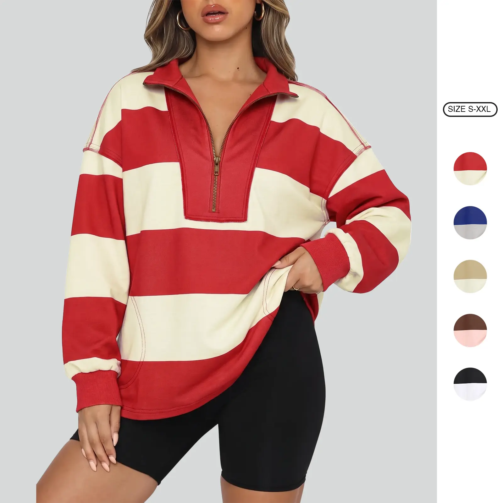 Imily Bela Women's Oversized Striped Half Zip Sweatshirt Casual Long Sleeve Pullover with Pockets