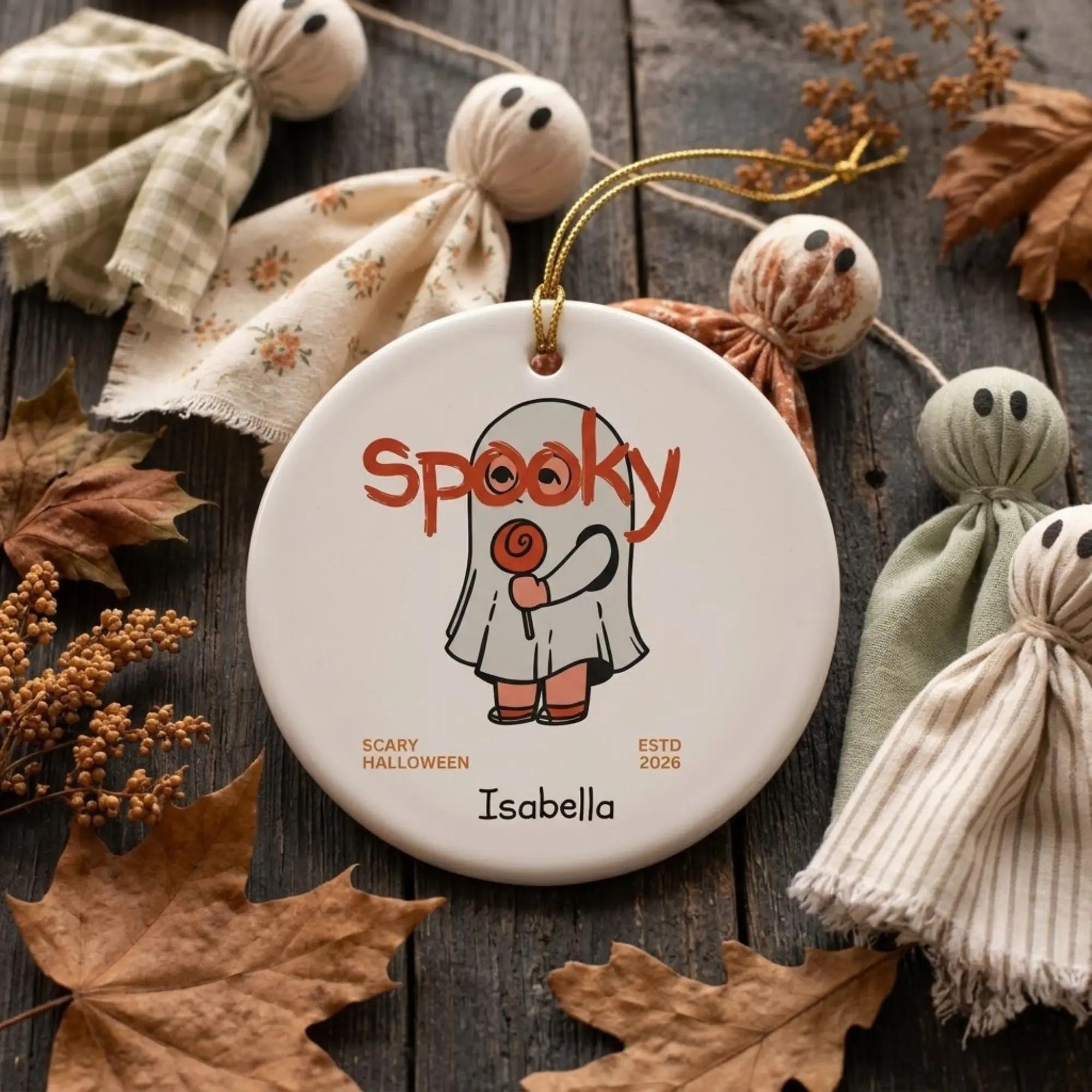 Personalized Scarry Ghost Halloween Ornament: Custom Spooky Ghost Ornament, Ceramic Halloween Family Keepsake