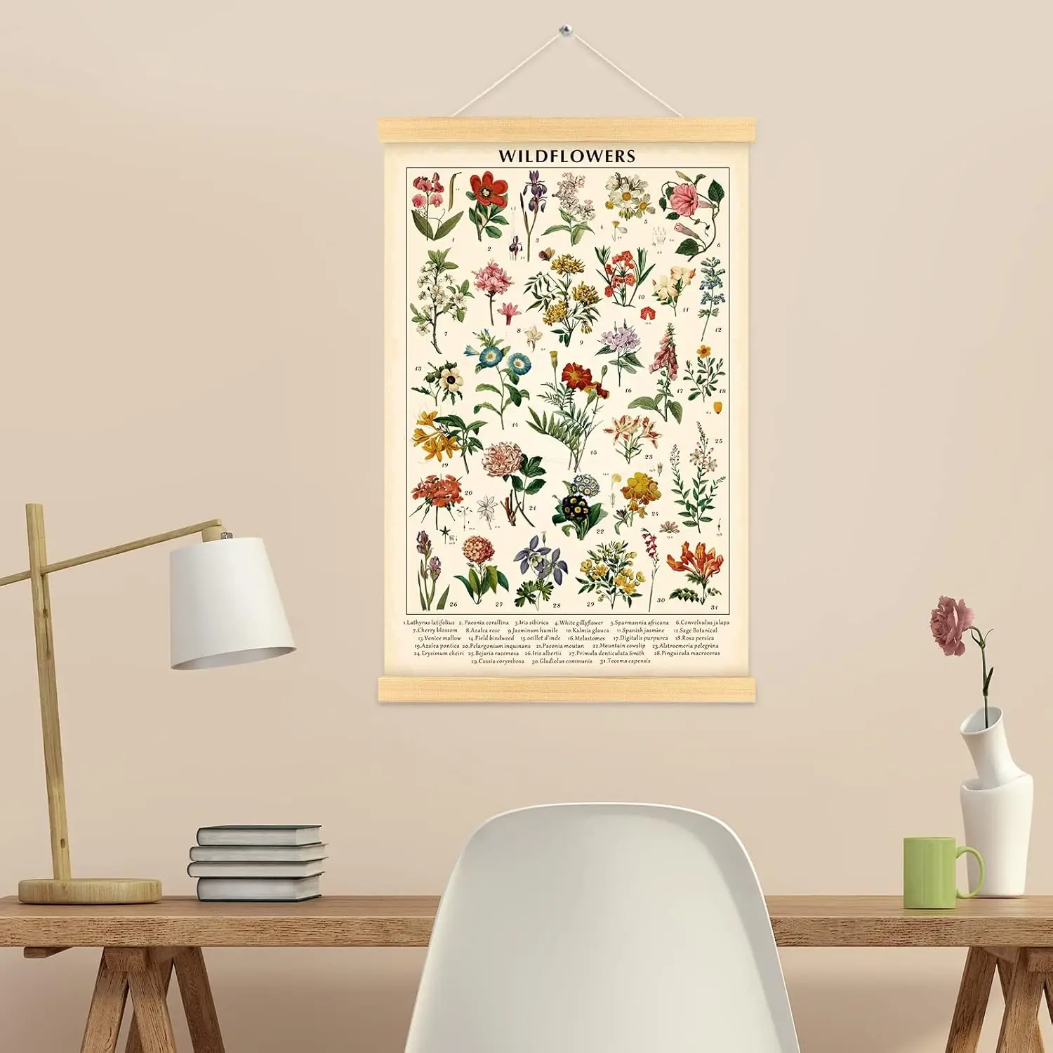 Vintage Wildflowers Poster Botanical Wall Art Prints Colorful Rustic Style Floral Wall Hanging Illustrative Reference Flower Chart for Living Room Office Bedroom Decor Decoration Artistic