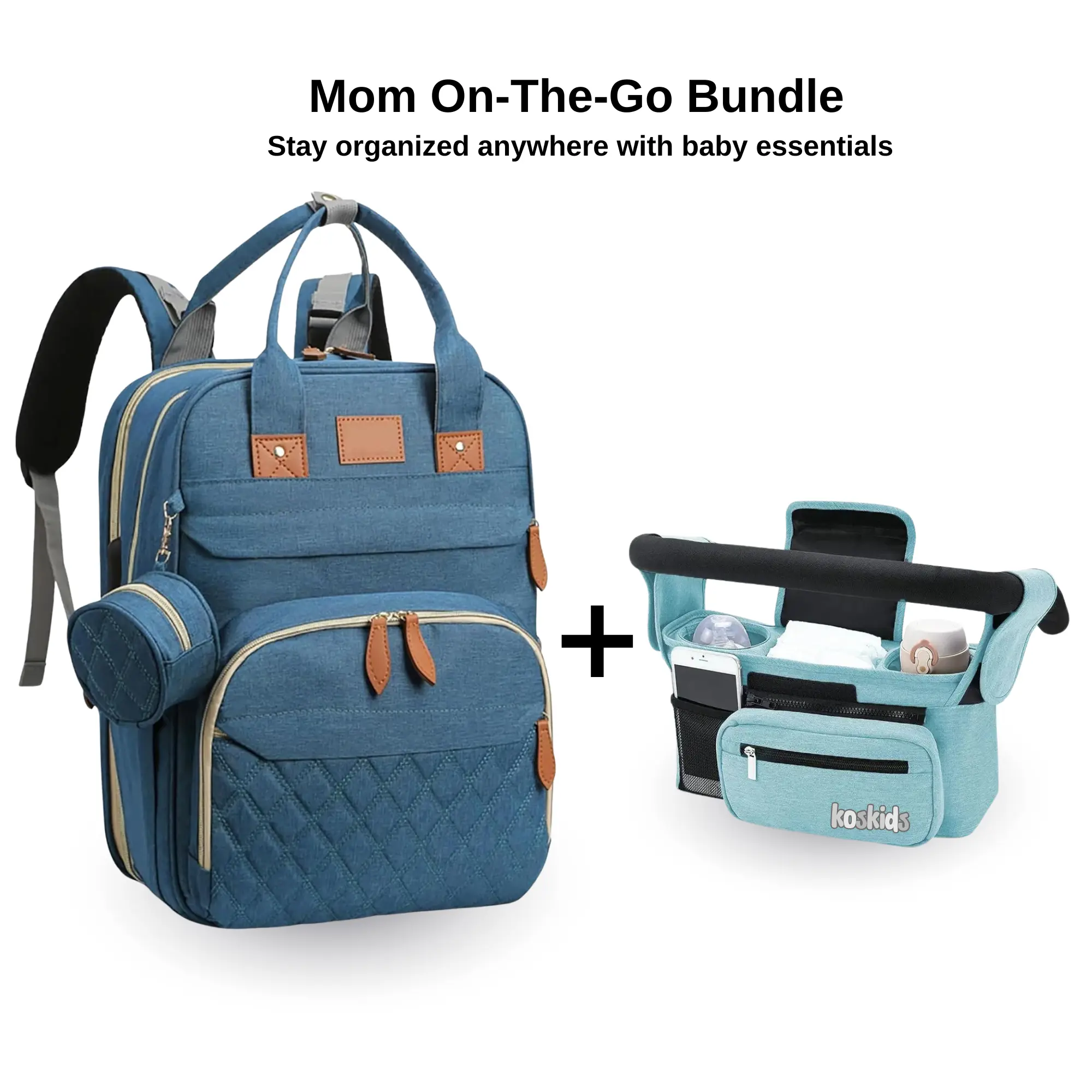 Mom Travel Bundle  | Waterproof Diaper Bag + Stroller Organizer Set (Easy On-The-Go Storage)