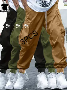 Men's Plus Size Casual Work Pants Set of Three, Comfortable Multi-Functional Style, Ideal for Outdoor Activities and Leisure Travel