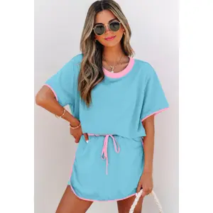 Sky Blue Pink Edge Drop Shoulder T Shirt and Skort Set