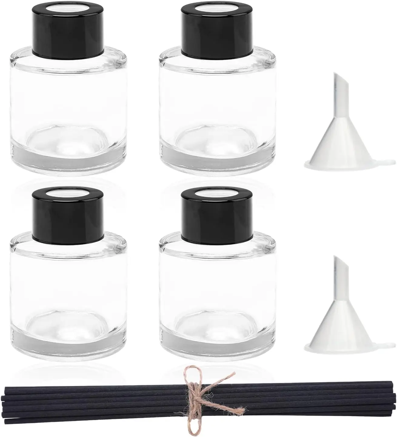 4 count Refillable  Glass Diffuser Bottles with 20 count Reeds Sticks & Black Caps & Funnel, Diffuser Jars for Home Oil  Decoration Girl Women  (50ML)