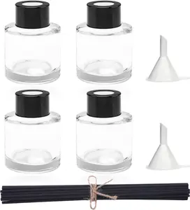 4 count Refillable  Glass Diffuser Bottles with 20 count Reeds Sticks & Black Caps & Funnel, Diffuser Jars for Home Oil  Decoration Girl Women  (50ML)