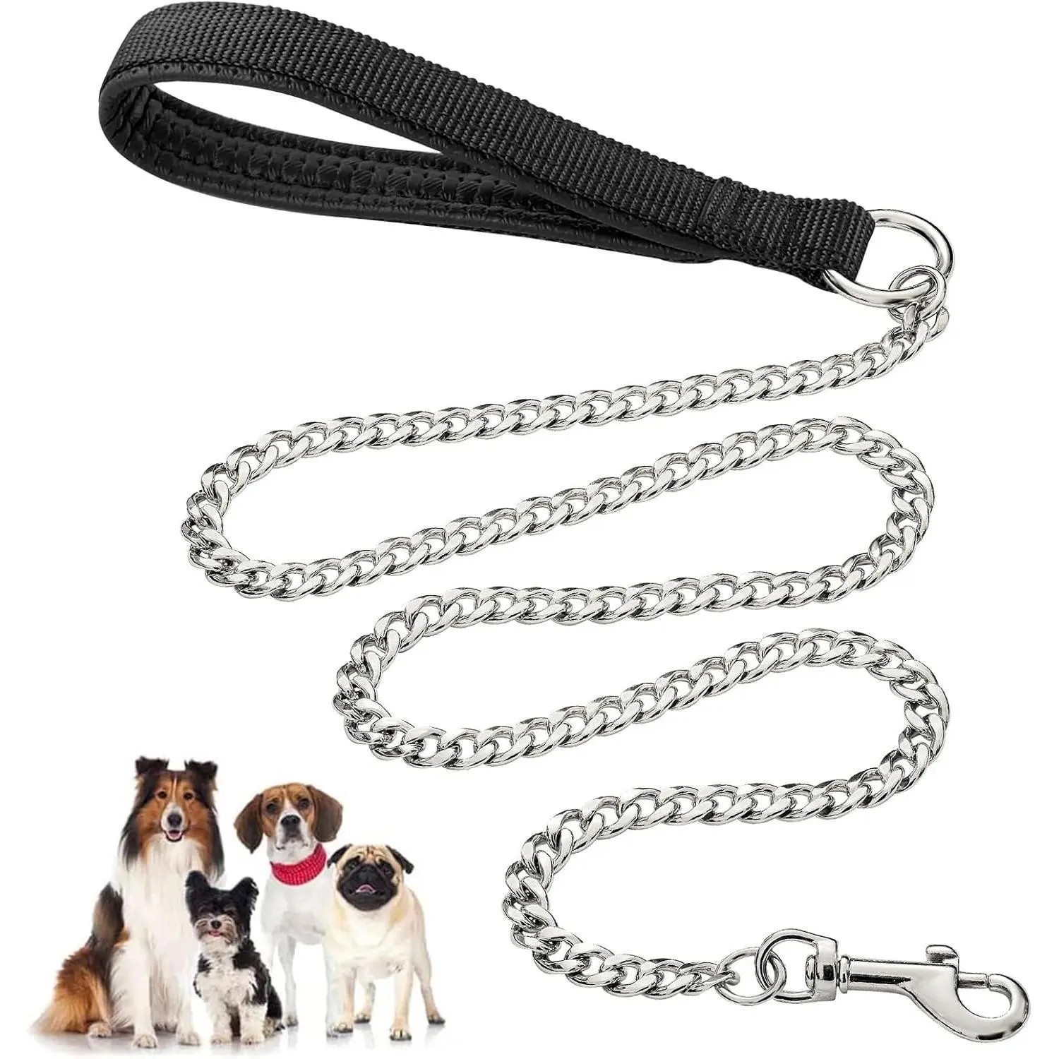 Heavy Duty Metal Dog Leash, 4 FT Chew Proof Pet Leash Chain with Soft Padded Handle for Large & Medium Size Dogs (4 FTx3 mm (0-80 lbs))