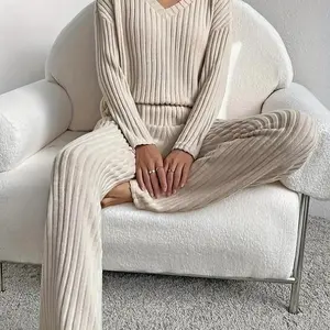 Vibrant Polyester Knit Pants Set - V-Neck Long Sleeve Top, Pocket Straight Leg Pants, Elegant Outfit for Spring/Fall - Machine Washable, Mid Elasticity, No Printing, Solid Color,fall outfits 2025