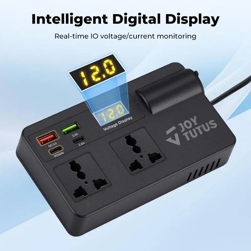 JOYTUTUS Car Power Inverter 12V–24V to 220V with Smart Chip QC3.0 Fast Charging USB Ports Bonus Wireless CarPlay Adapter for Laptops Tablets Mobile Phones