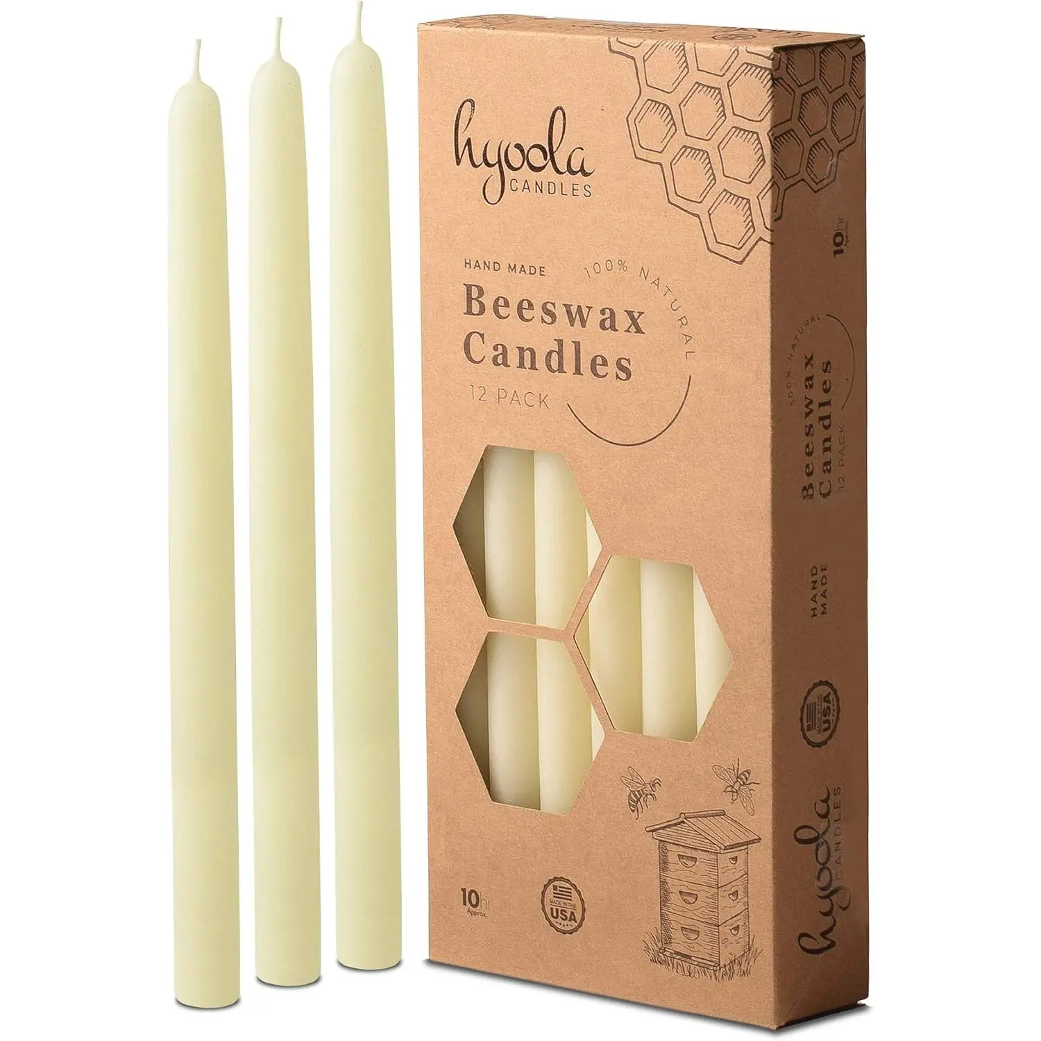 10 in Unscented Pure Beeswax Tapered Candles, 12-Pack Cotton Wick Lead-Free Dripless Design - Homemade Durable Household Decoration, Tall White Room Decor with 10-Hour Burn Time
