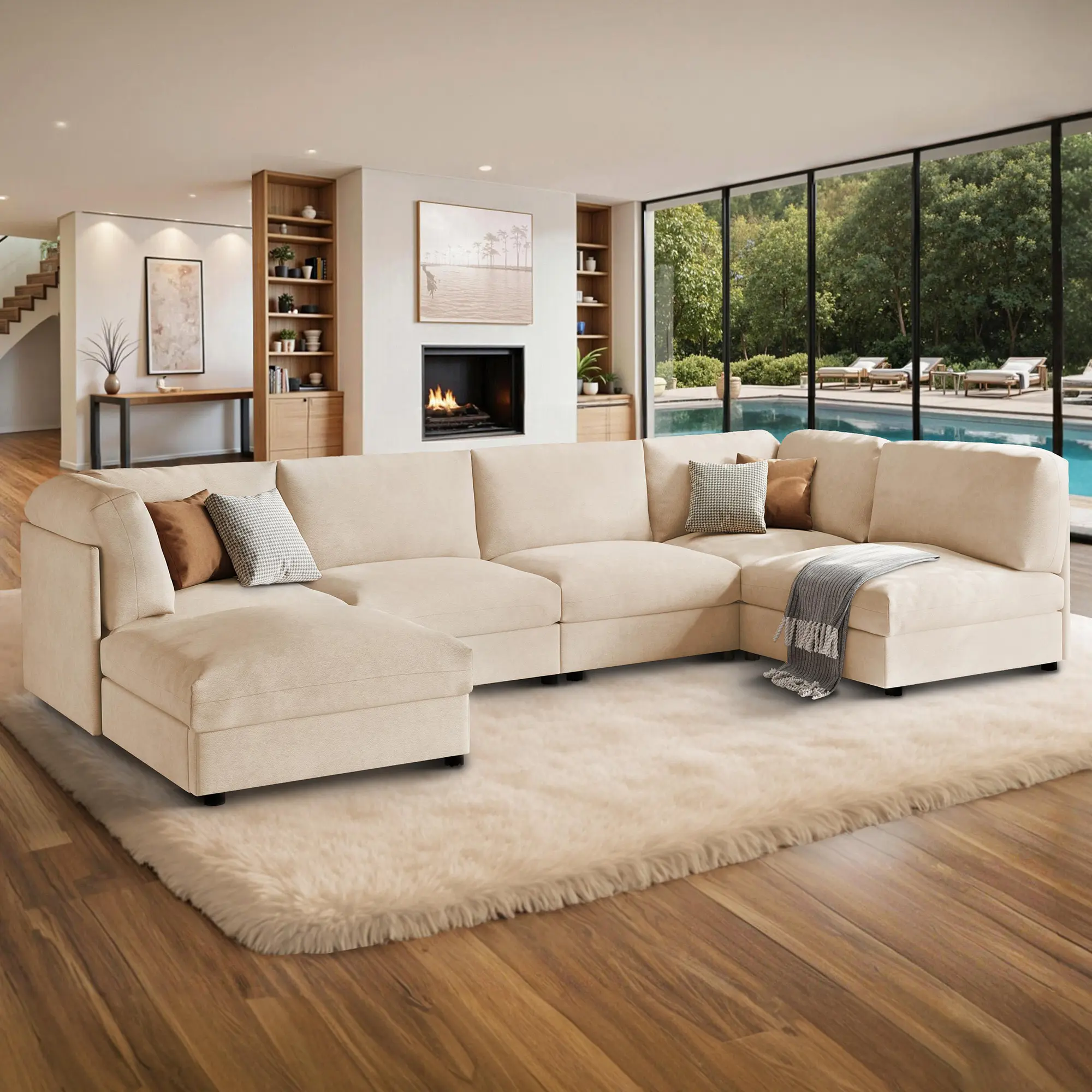 [Summerwins] [SummerFinds] AMERLIFE 148" Wide U-Shaped Modular Sectional Sofa, Convertible Oversized Couch with Ottoman for Living Room, Easy Assembly, Flexible Layout, Scratch-Resistant Linen, Beige
