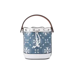 Tory Burch T Monogram Embossed Drawstring Bucket Bag with Detachable Strap in Denim Jacquard and Calfskin Trim, Mini Size for Women in Pearl Blue