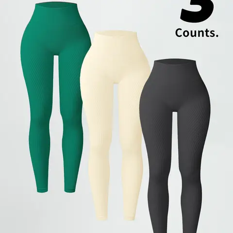 Women's Stretchy High Waist Ribbed Yoga Pants, Tight-Fitting Fall Activewear Fitness Workout Leggings, Fitness Bottoms, Skinny Sports Leggings, Sexy Sporty Style for Active Lifestyle, Athletic Leggings, High Waists Leggings