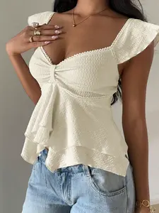 1 Piece Theart Neck Ruffle Sleeve Textured Ruched Peplum Blouse for Summer Casual Wear