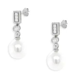 White Pearl & Diamond Drop Earrings – 18k Gold