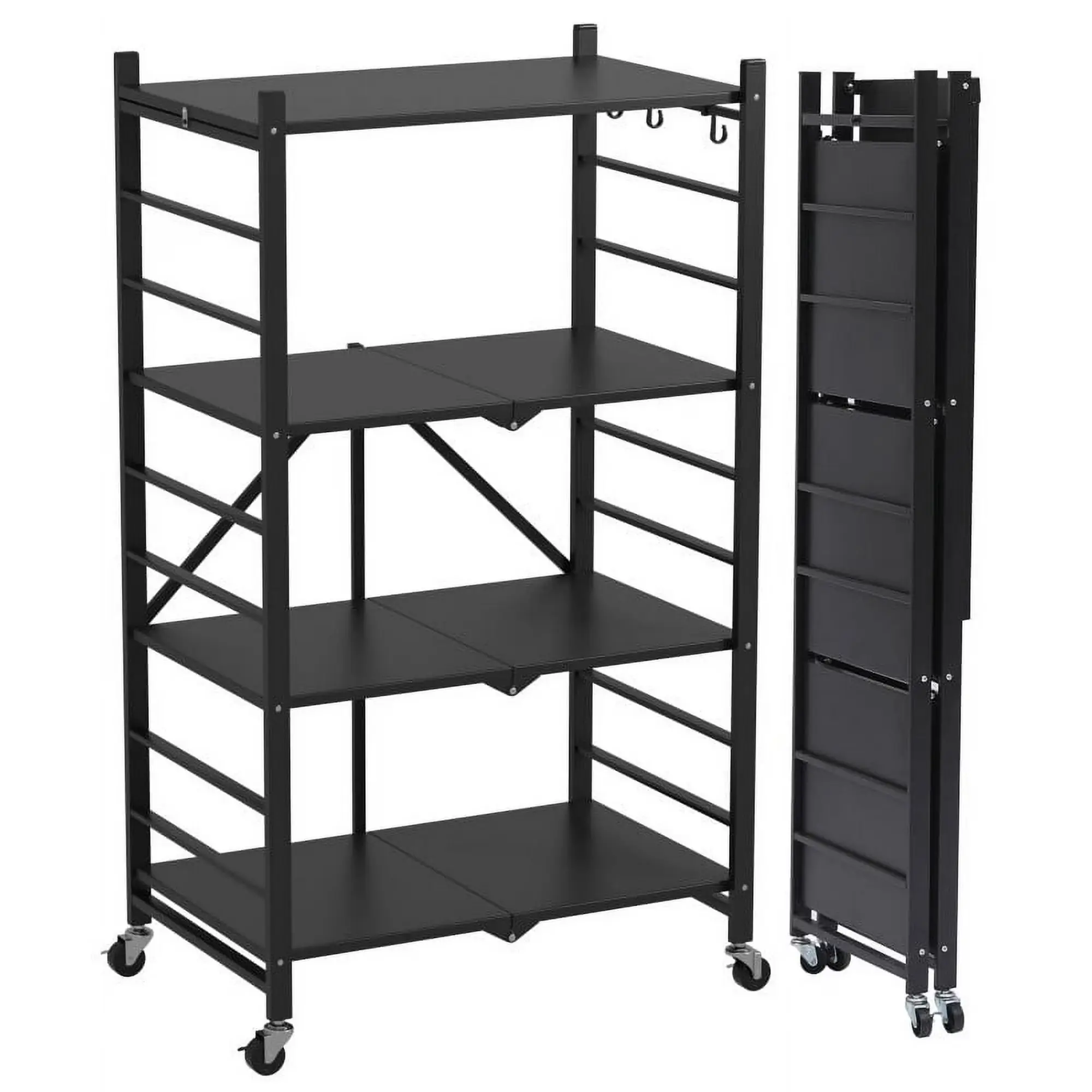 Portable Folding Storage Rack with Wheels 4 Tier Heavy Duty Steel Shelf Black
