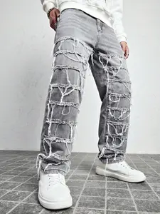 Men's Loose Wide Leg Jeans, Solid Color Deconstructed Multi-Layer Fringe Design, High Street Distressed Hip Hop Style, Daily Wear & Photoshoot