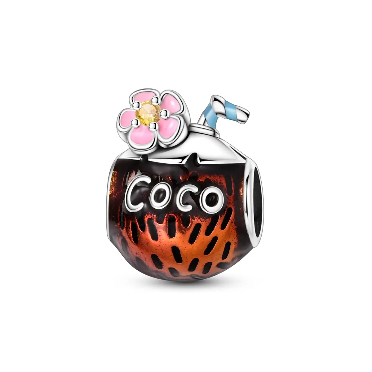 MULA Women's Tropical Coconut Charm - Silver-Plated Pendant with Floral Zirconia, Hypoallergenic Beach Charms & Pendants for Pandora Bracelets, Necklace for Girls, Travelers & Valentine's Day Gifting, Valentines Day, Enamel And Zircon