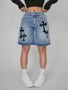 Women's Petite Gothic Cross Embroidered Jeans Pants, Blue High Waist Loose Wide Leg Half-Length, Urban Street Fashion