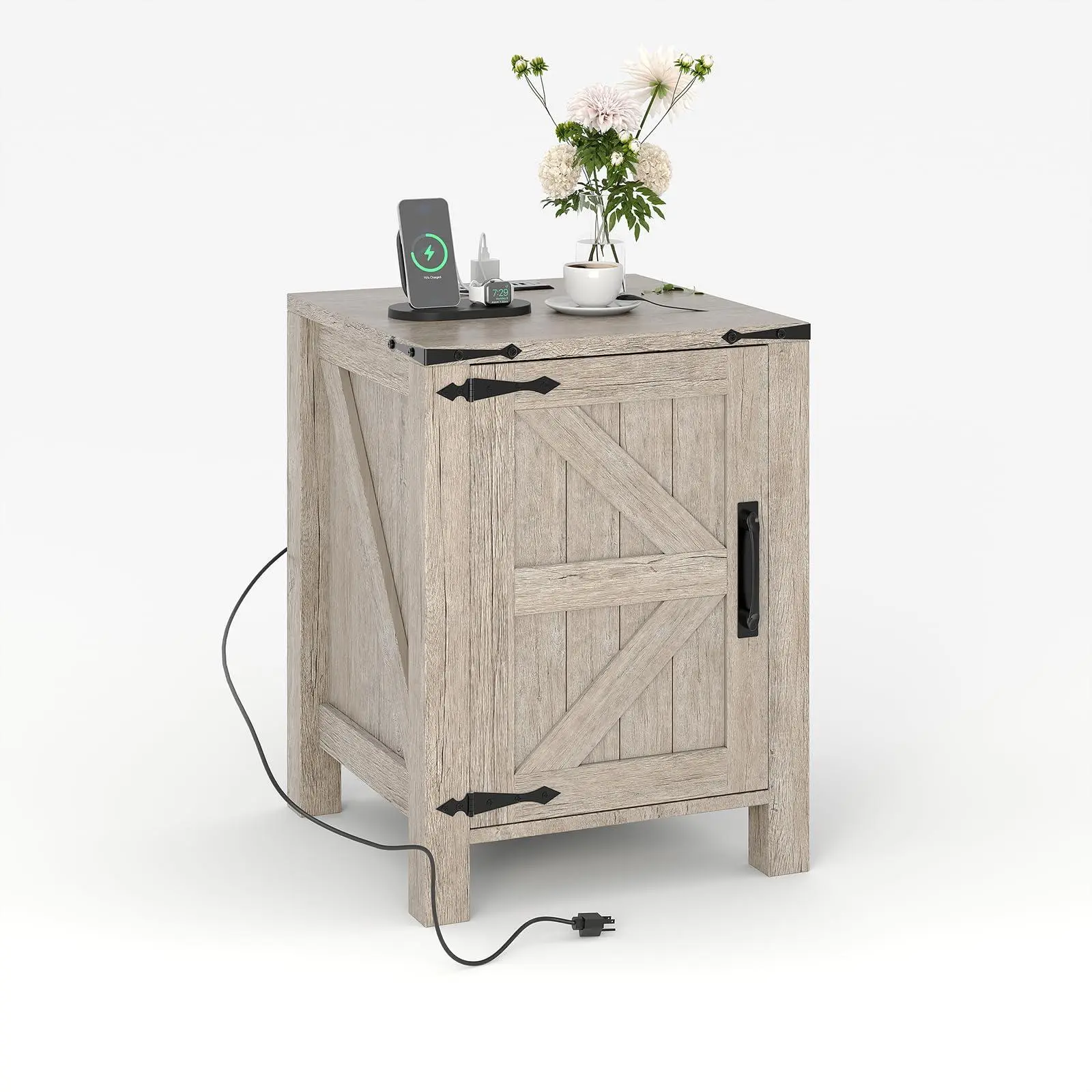 Rustic Farmhouse Nightstand with Charging Station, Barn Door and Adjustable Storage Shelf, 18 Inch Modern Two-Tier End Table for Bedroom, Light Oak Grey