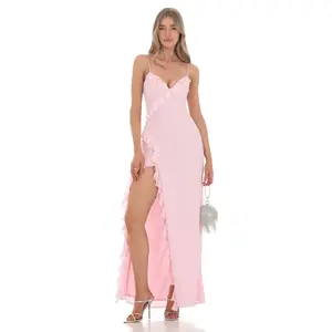 Lucy in the Sky Ruffle V-Neck Maxi Dress in Pink
