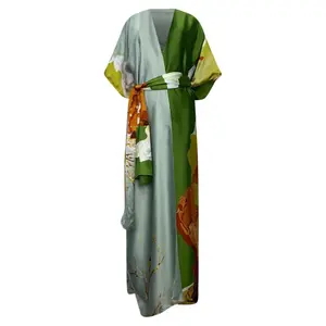 All Inclusive Kaftan Kimono - V Neck Summer Wear Poly Silk Robe with Floral Design & One Size Fits S-3X/4X Length 48 Inches