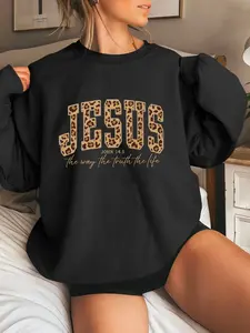 Women's Stylish Leopard-Print "JESUS" Graphic Sweatshirt Womenswear - John 14:6 Scripture Design, Soft Cozy Fabric, Perfect for Faith-Focused Fashion, Blend Spiritual Meaning with Trendy Edgy Style!