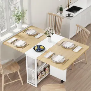 Folding Dining Table Drop Leaf Table for Small Spaces, Versatile Collapsible Dinner Kitchen Office Table with 4 Storage Racks, Space Saving Foldable Extendable Desk Dinning Room Furniture